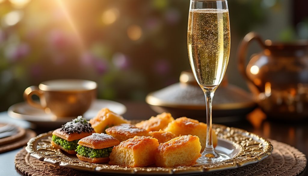 découvrez l'accord parfait entre le raffinement du champagne et la douceur des pâtisseries orientales pour un moment gourmand et festif inoubliable.