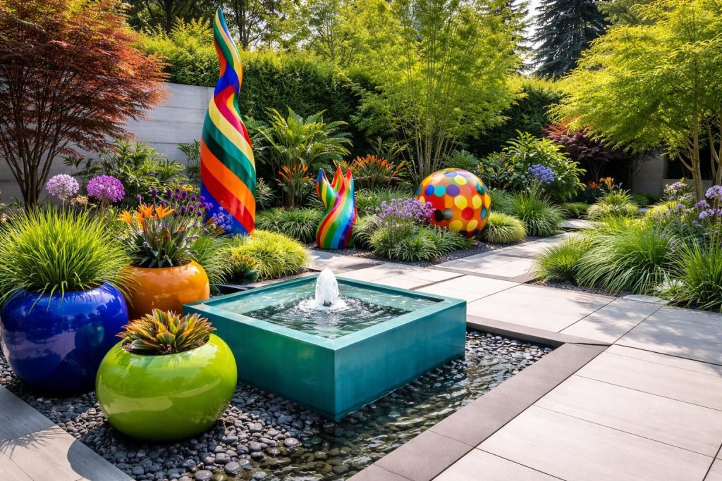Décorer votre jardin avec des sculptures colorées, pots émaillés et ...
